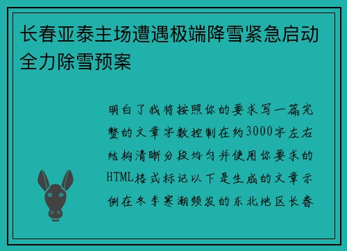长春亚泰主场遭遇极端降雪紧急启动全力除雪预案